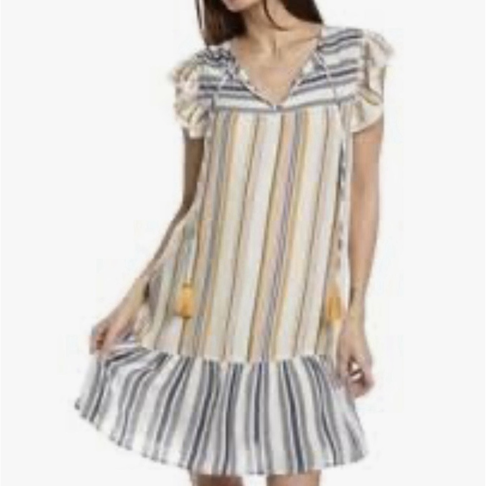 Linda Anderson Striped Ruffle Shift Dress Size XXL Tassel Tie Beach Resort Boho